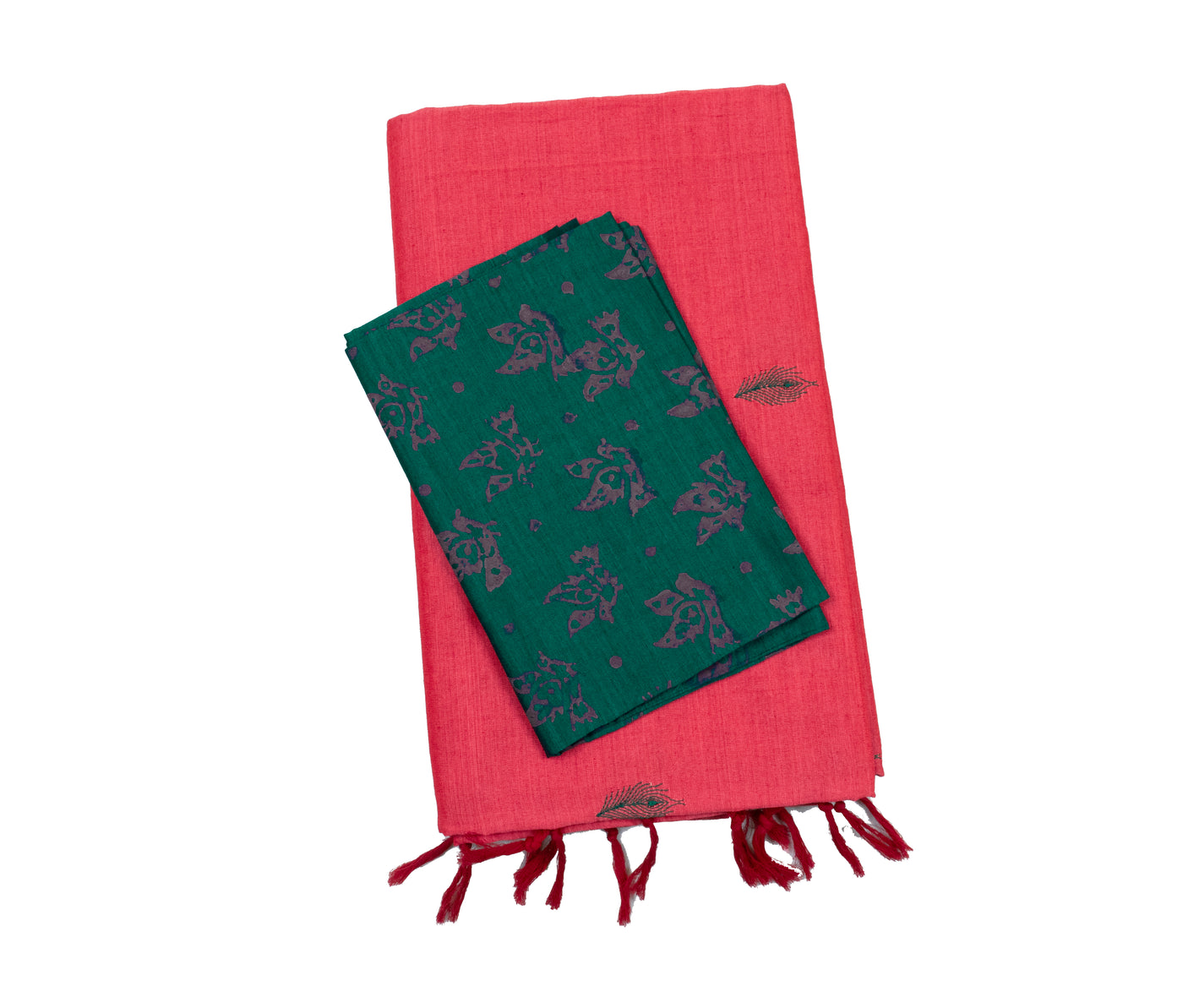 Strawberry Colour Cotton Embroidery Saree with contrast blouse