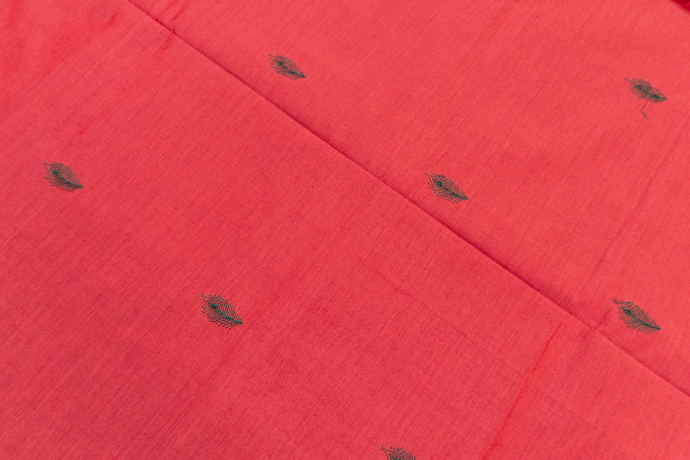 Strawberry Colour Cotton Embroidery Saree with contrast blouse