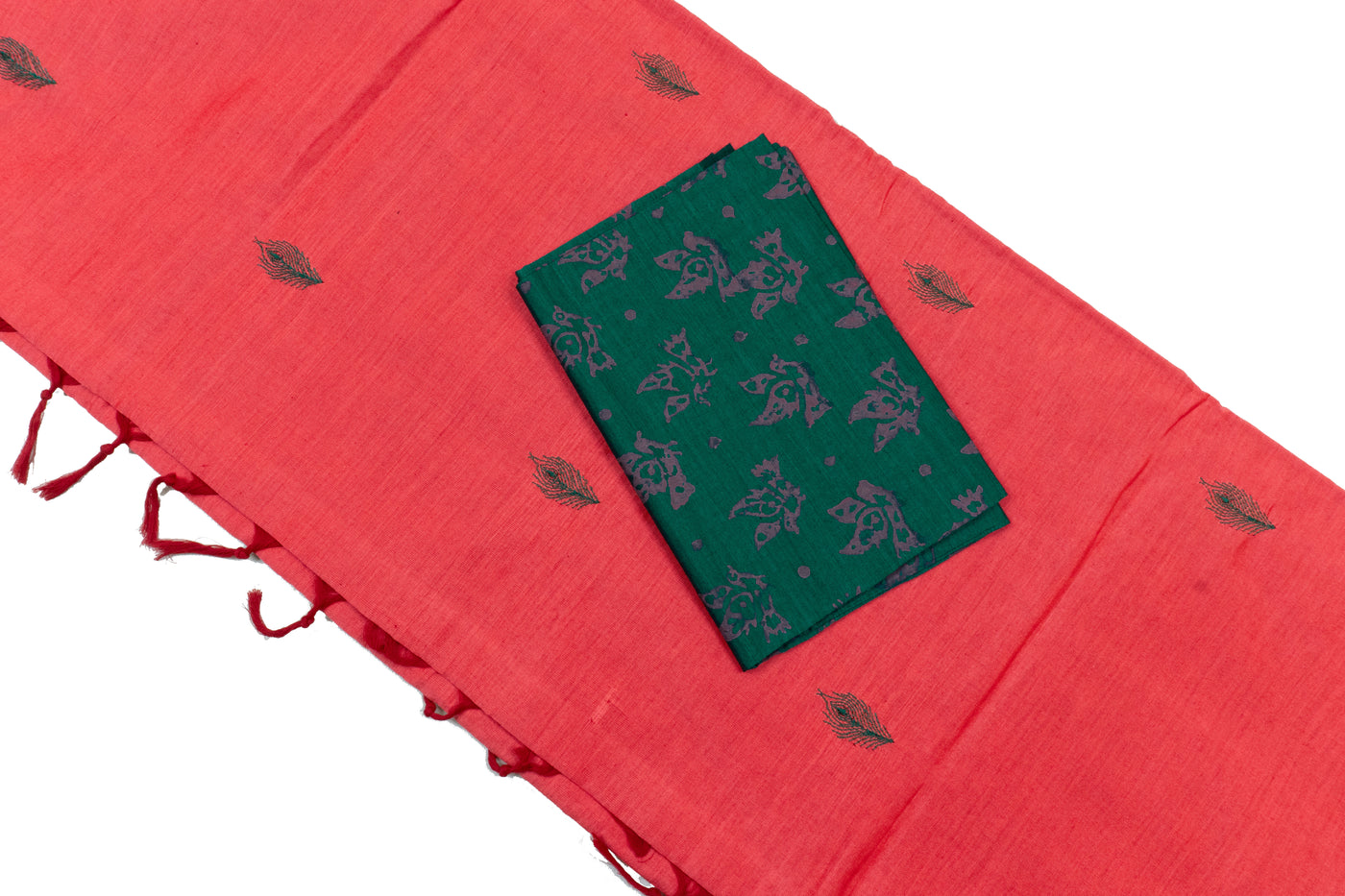 Strawberry Colour Cotton Embroidery Saree with contrast blouse