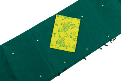 Deep Teal Color Plain Glasswork Cotton Saree with Contrast Blouse