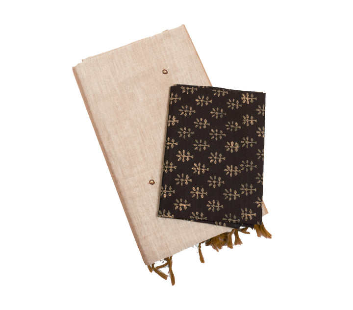 Light Beige Color Plain Glasswork Cotton Saree with Contrast Blouse