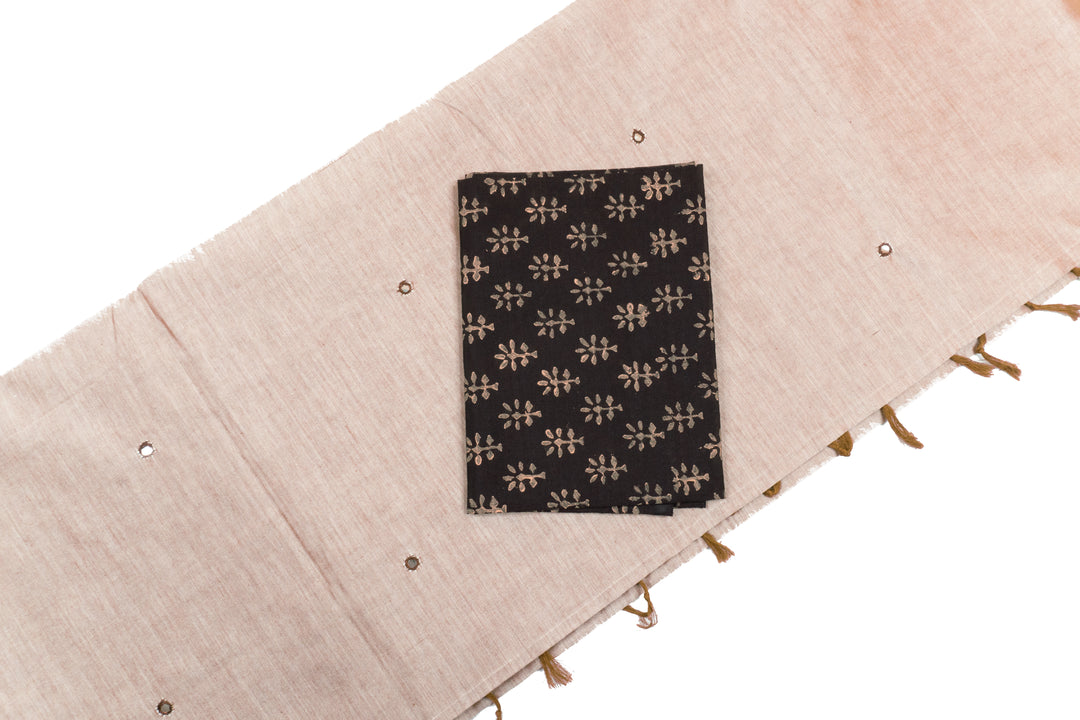 Light Beige Color Plain Glasswork Cotton Saree with Contrast Blouse