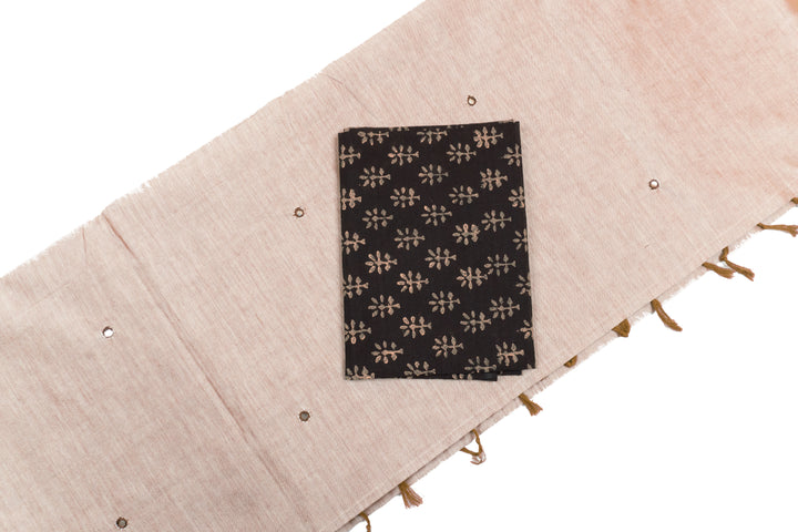 Light Beige Color Plain Glasswork Cotton Saree with Contrast Blouse