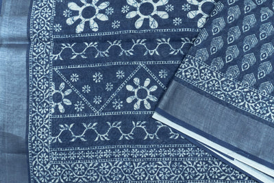 Indigo Blue Color Linen Cotton Saree