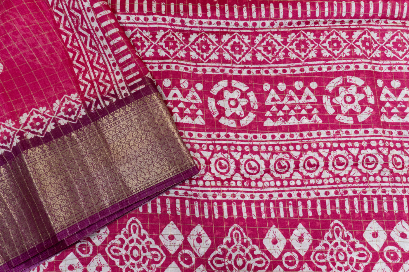 Magenta Colour Fancy Saree with Gold Grid Pattern