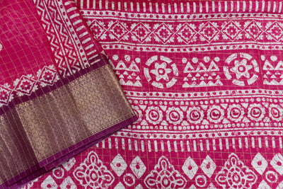 Magenta Colour Fancy Saree with Gold Grid Pattern