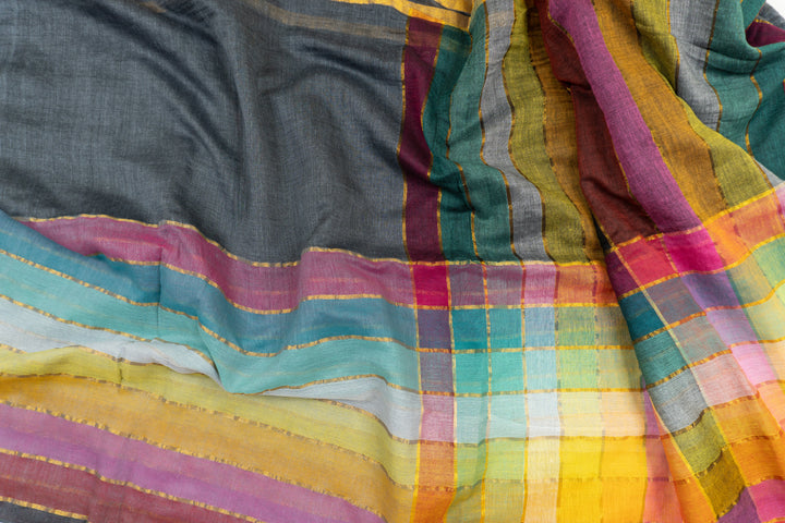 Zari Mul Cotton Rainbow Saree (Grey)