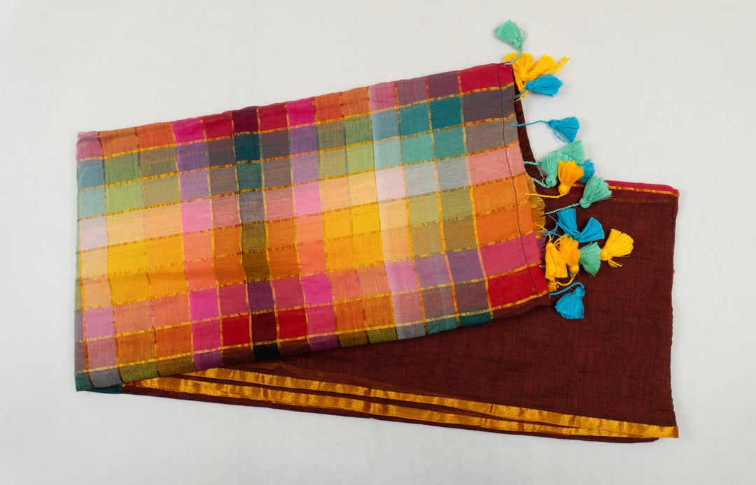 Mul Cotton Rainbow Saree Brown Color