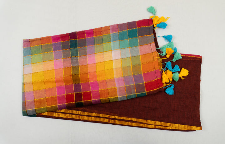 Mul Cotton Rainbow Saree Brown Color