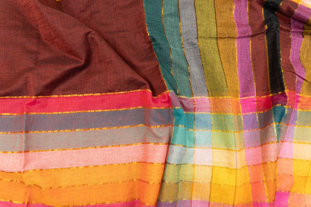 Mul Cotton Rainbow Saree Brown Color