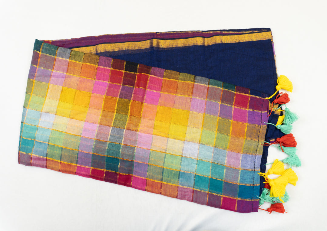 Zari Mul Cotton Rainbow Saree (Dark Blue)