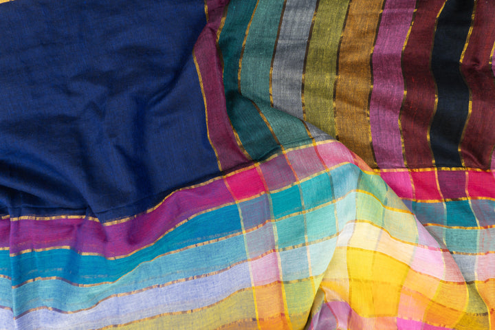 Zari Mul Cotton Rainbow Saree (Dark Blue)
