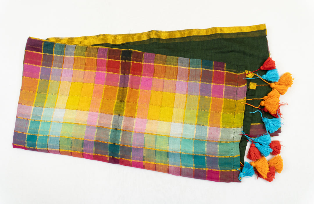 Zari Mul Cotton Rainbow Saree (Dark Green)
