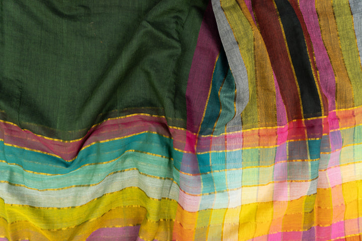 Zari Mul Cotton Rainbow Saree (Dark Green)