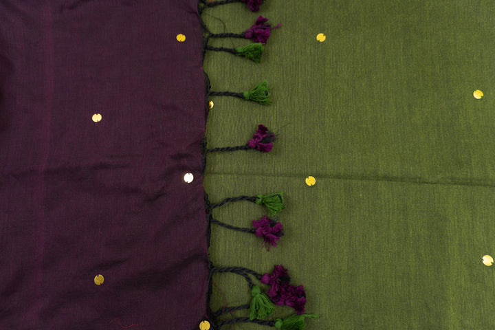 Leafy Green Color Khadi Gini Saree with contrast Pallu & blouse
