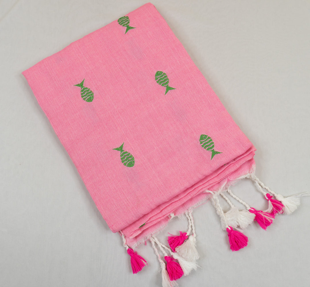 Pink Color Kadhi Fish Embroidery Saree with running blouse
