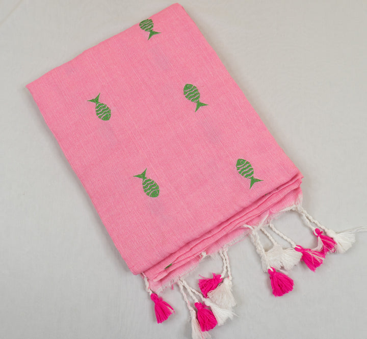 Pink Color Kadhi Fish Embroidery Saree with running blouse