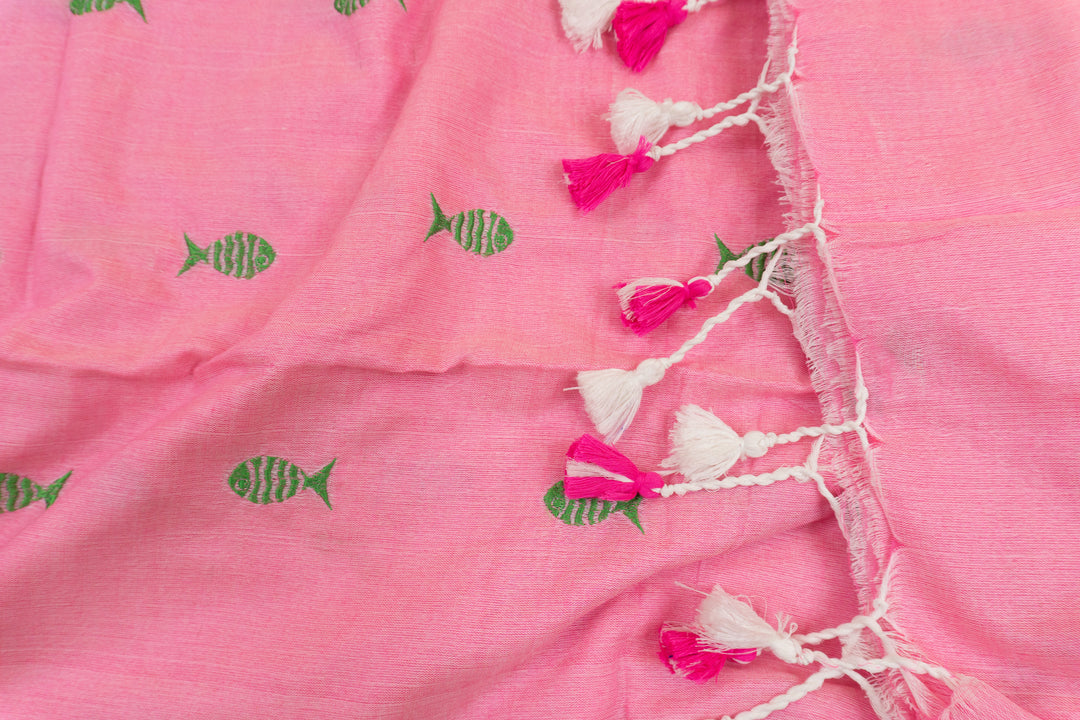 Pink Color Kadhi Fish Embroidery Saree with running blouse