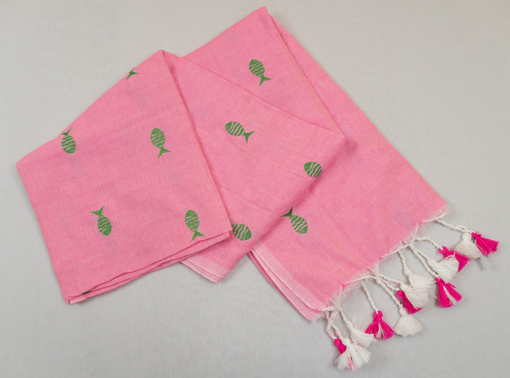 Pink Color Kadhi Fish Embroidery Saree with running blouse