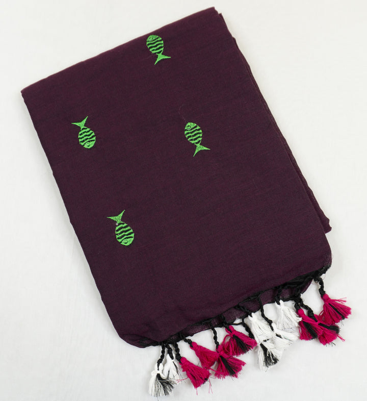 Wine Color Kadhi Fish Embroidery Saree with running blouse