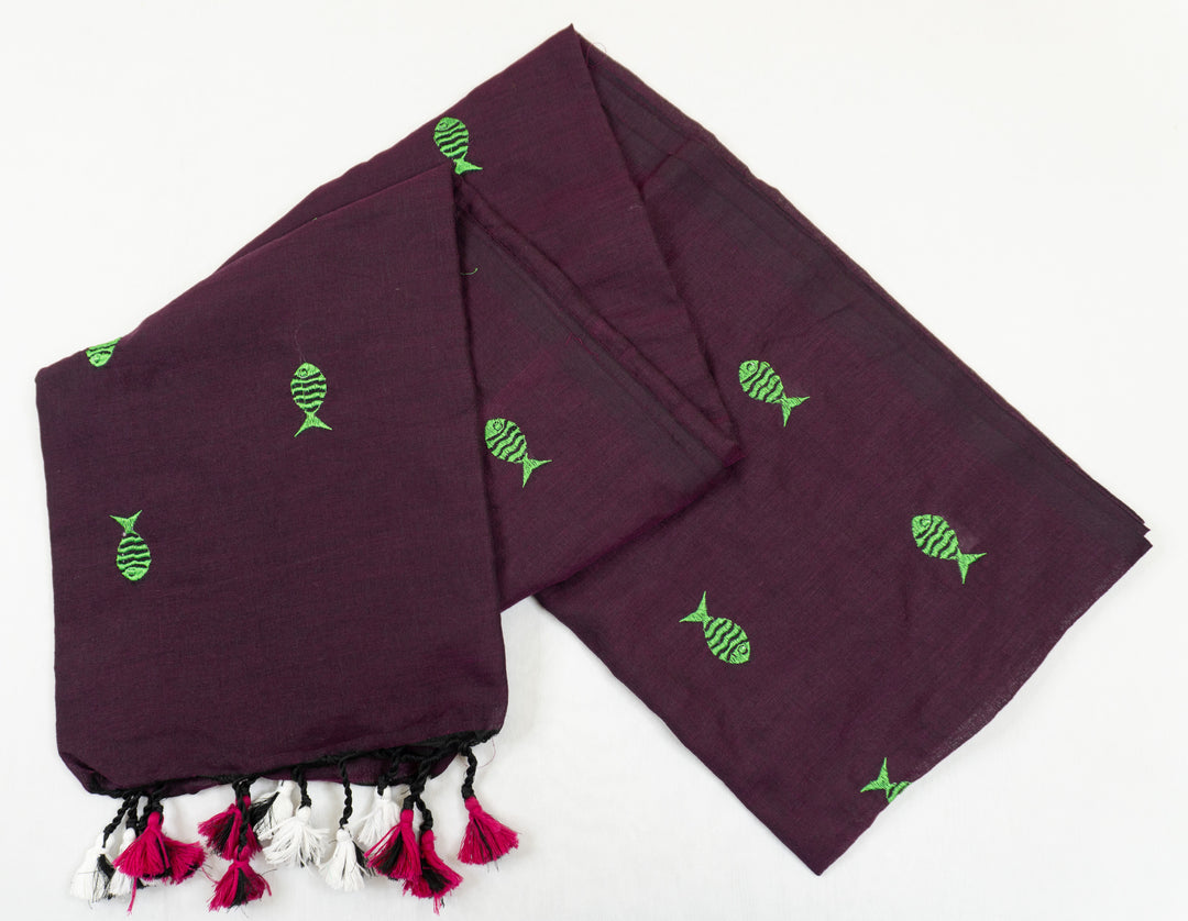 Wine Color Kadhi Fish Embroidery Saree with running blouse