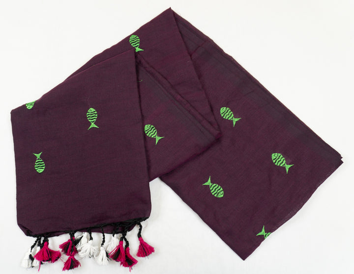 Wine Color Kadhi Fish Embroidery Saree with running blouse
