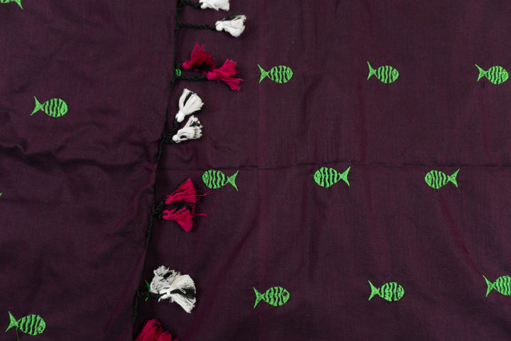 Wine Color Kadhi Fish Embroidery Saree with running blouse
