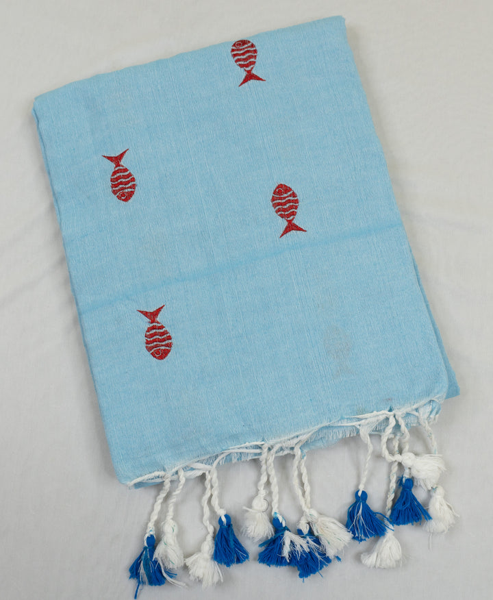 Sky Blue Color Kadhi Fish Embroidery Saree