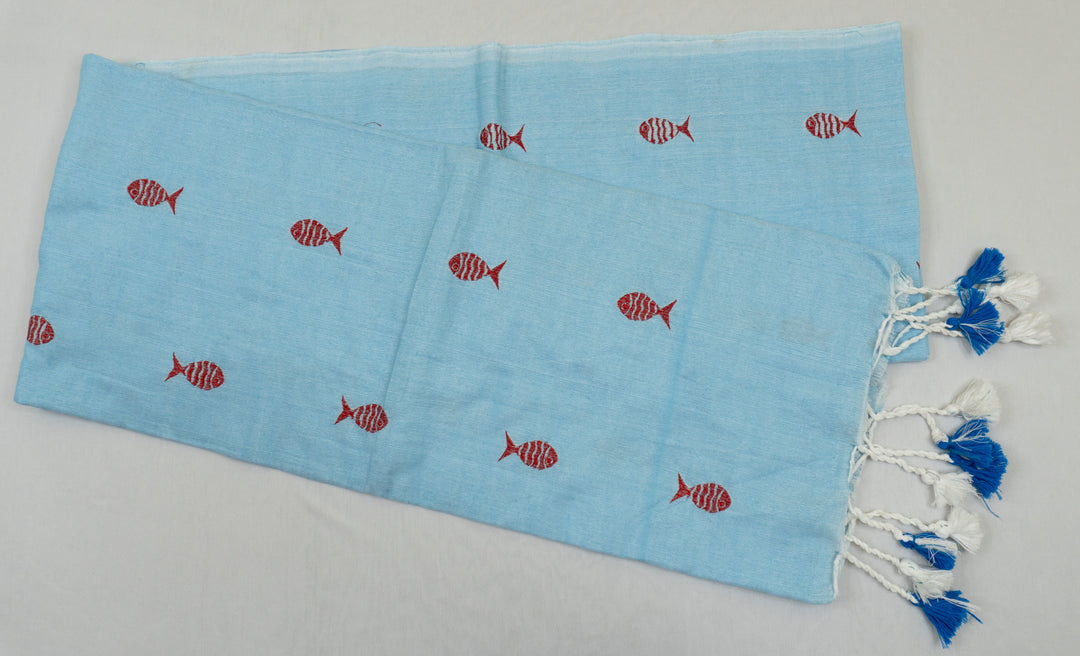 Sky Blue Color Kadhi Fish Embroidery Saree