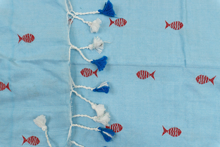 Sky Blue Color Khadi Fish Embroidery Saree
