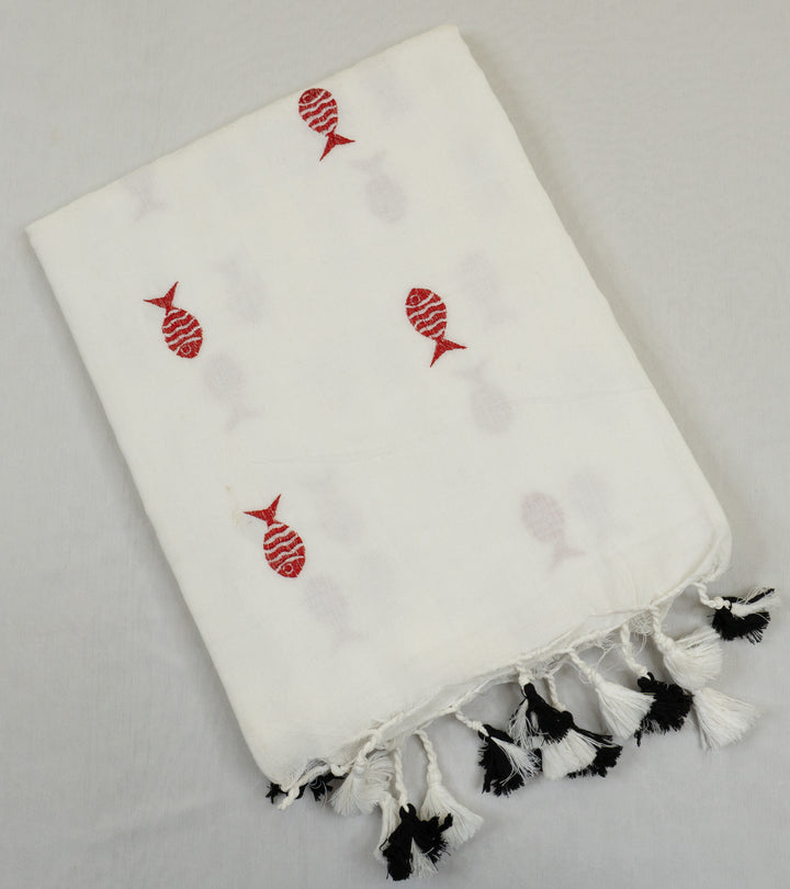 White Color Kadhi Fish Embroidery Saree with running blouse