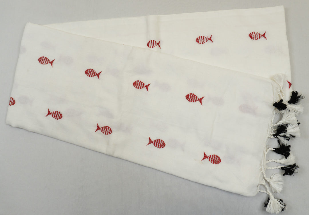 White Color Kadhi Fish Embroidery Saree with running blouse