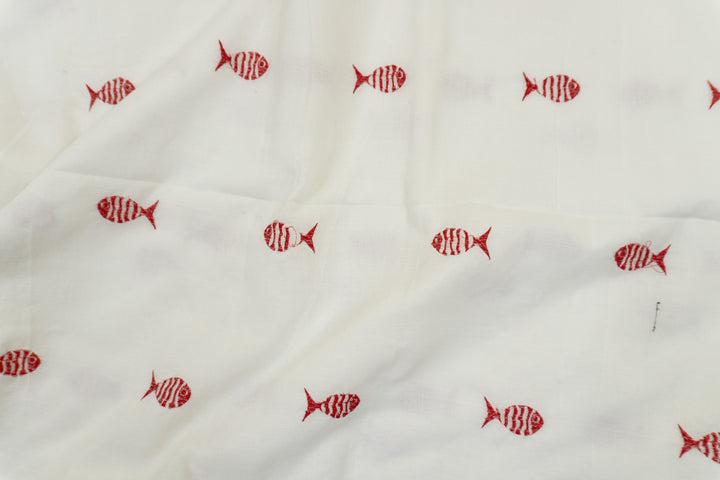 White Color Kadhi Fish Embroidery Saree with running blouse