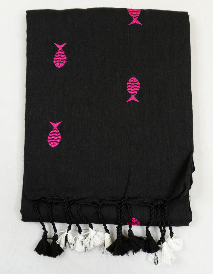 Black Color Kadhi Fish Embroidery Saree with running blouse