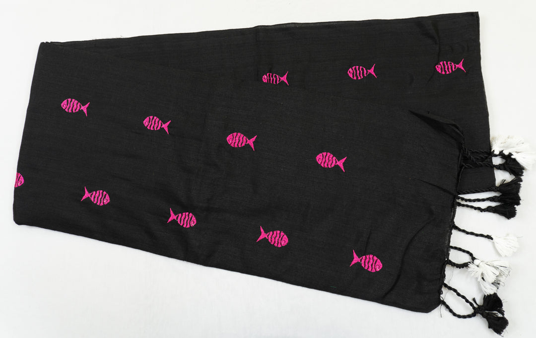 Black Color Kadhi Fish Embroidery Saree with running blouse