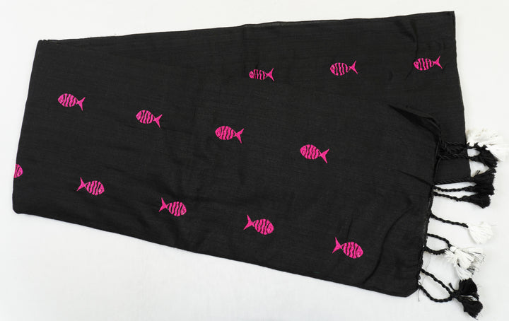 Black Color Kadhi Fish Embroidery Saree with running blouse