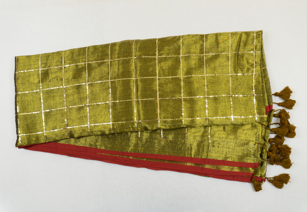 Olive Green Color Khadi Tissue Sequence Saree