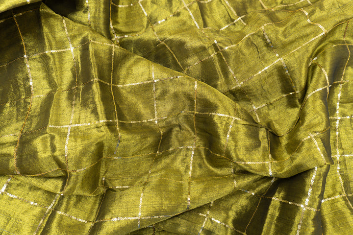 Olive Green Color Khadi Tissue Sequence Saree