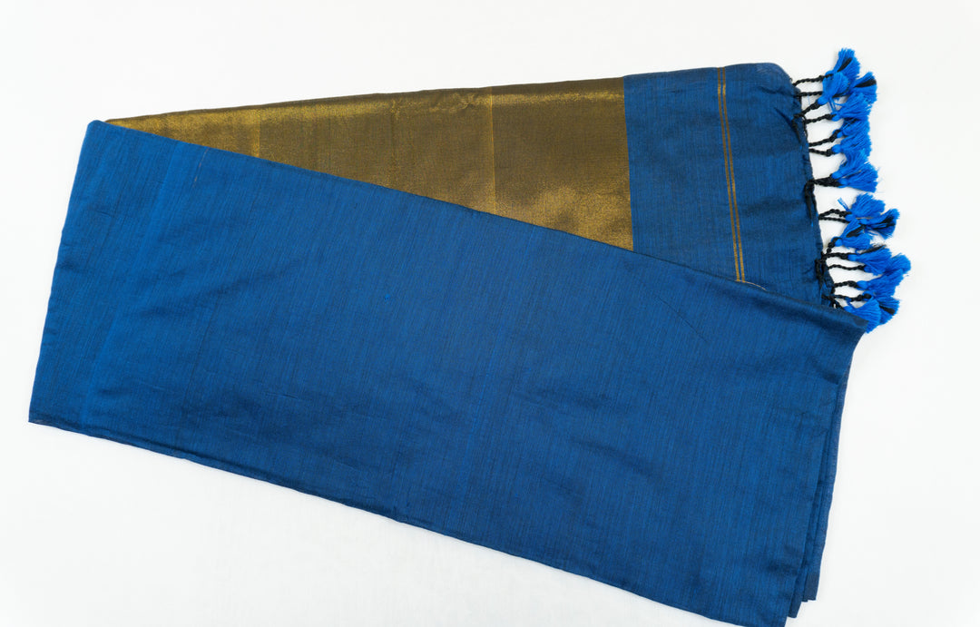 Blue Color Kadhi Cotton plain Saree Zari Pallu with plain blouse