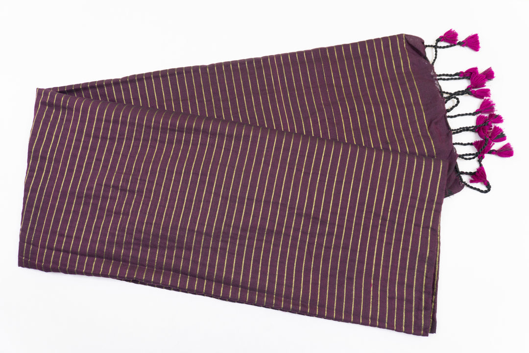 Wine Color Kadhi Cotton Zari Stripes Saree with plain blouse