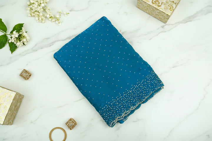 Peacock Blue Color Space Silk Original fabric with Jharkhand stone cutwork border