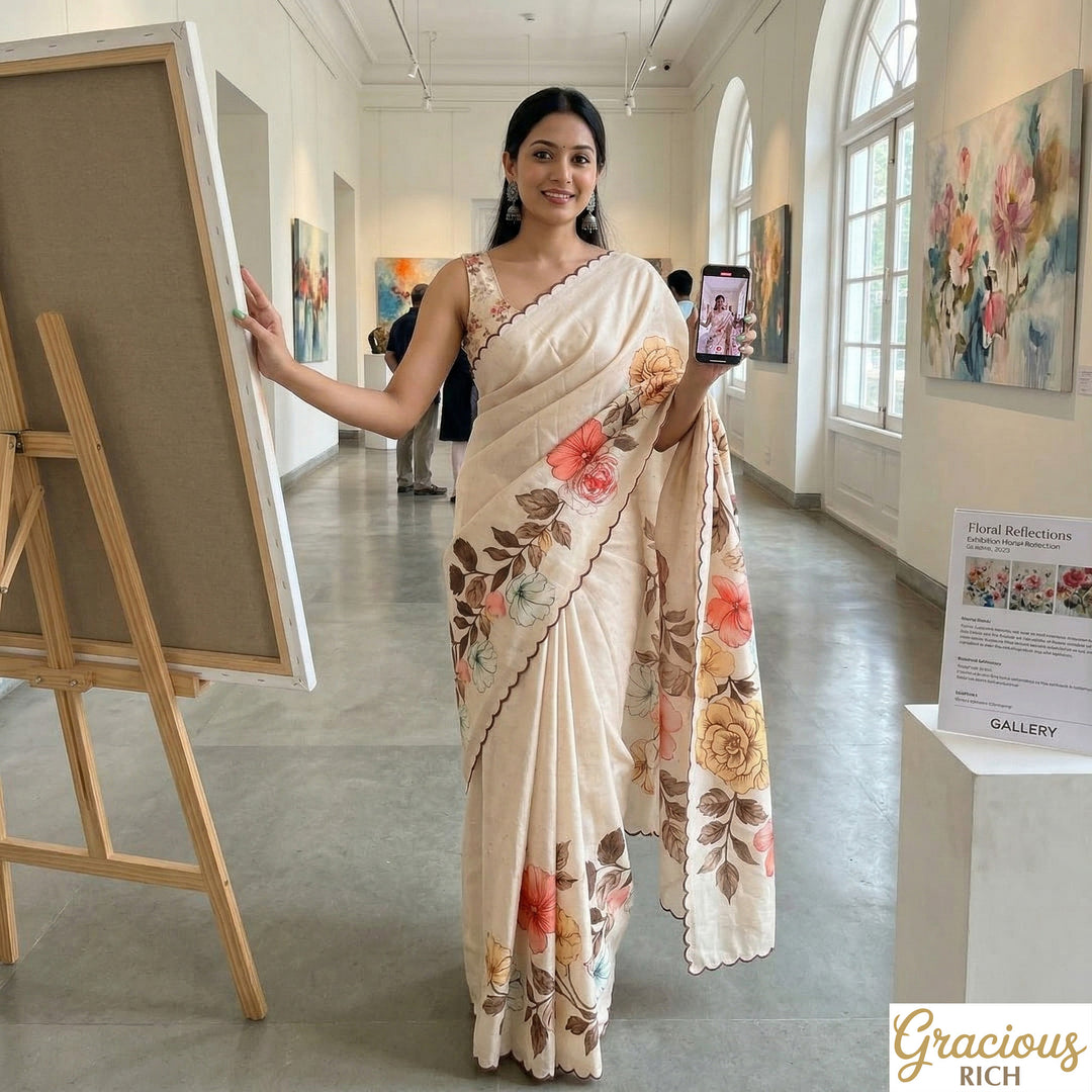 🌸 Floral Tusser Silk Saree