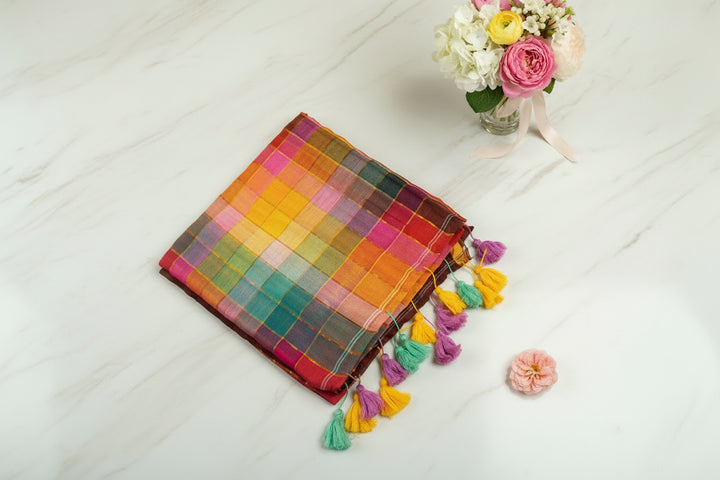 Zari Mul Cotton Rainbow Saree (Coffee Brown)