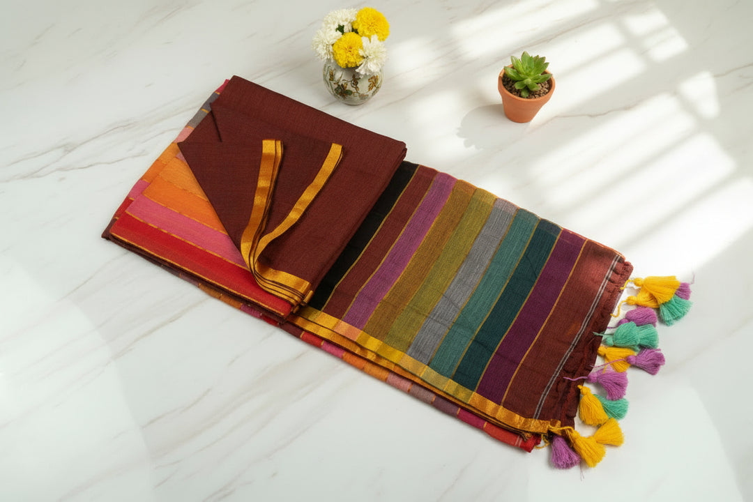 Zari Mul Cotton Rainbow Saree (Coffee Brown)