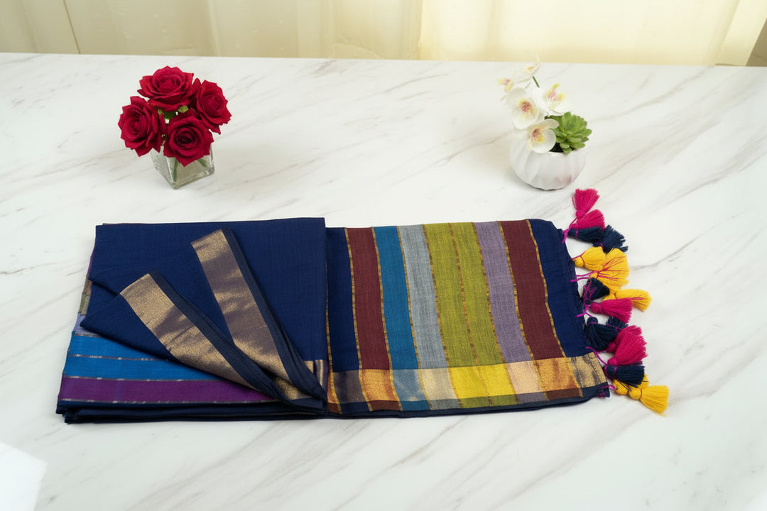 Big Zari Mul Cotton Rainbow Saree (Dark Blue)