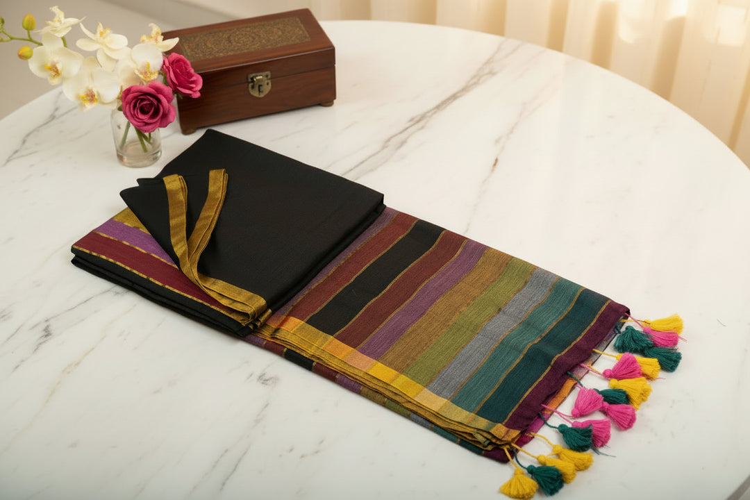 Zari Mul Cotton Rainbow Saree (Black)