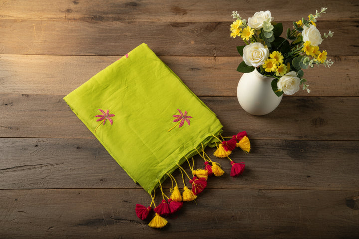 Leafy Green Color Mul Cotton Embroidery Saree (without blouse)