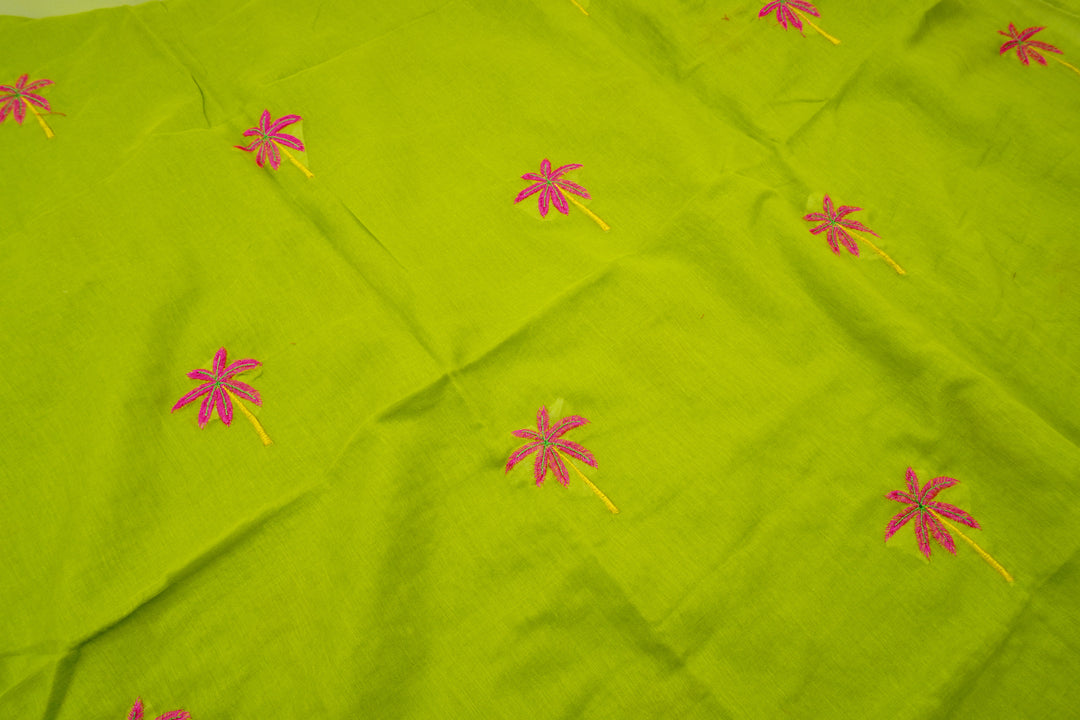 Leafy Green Color Mul Cotton Embroidery Saree (without blouse)