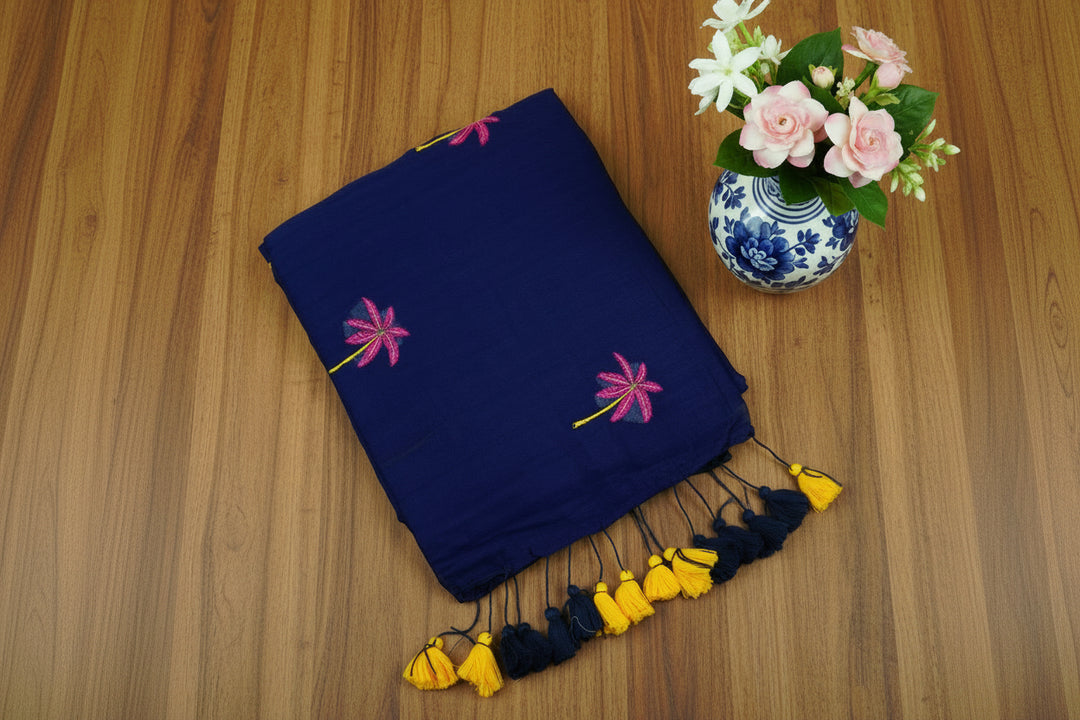 Royal Blue Color Mul Cotton Embroidery Saree (without blouse)