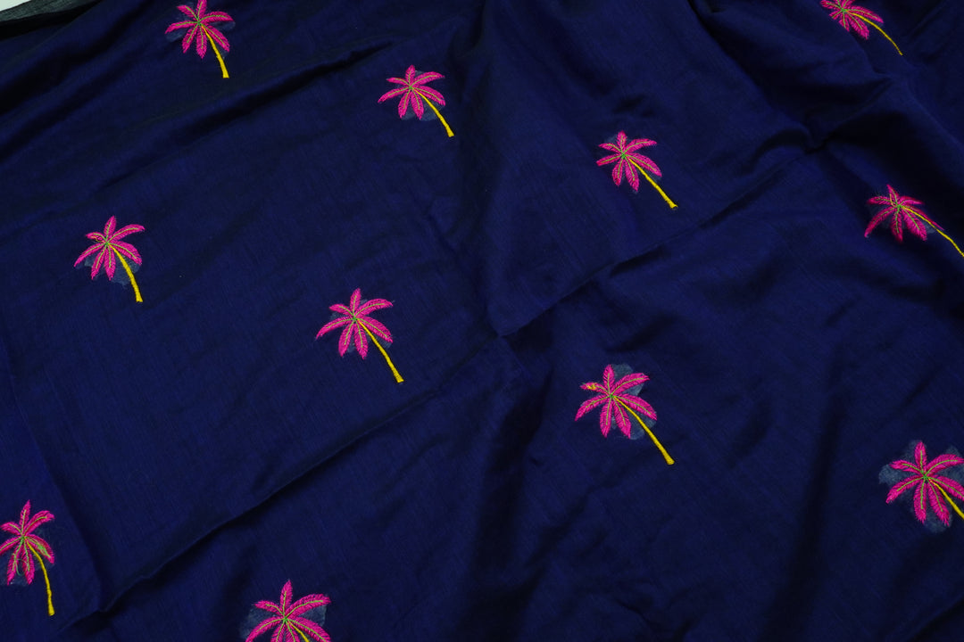 Royal Blue Color Mul Cotton Embroidery Saree (without blouse)
